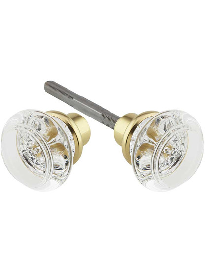 Pair of Lead Free Round Crystal Door Knobs with Brass Base in Polished Brass.